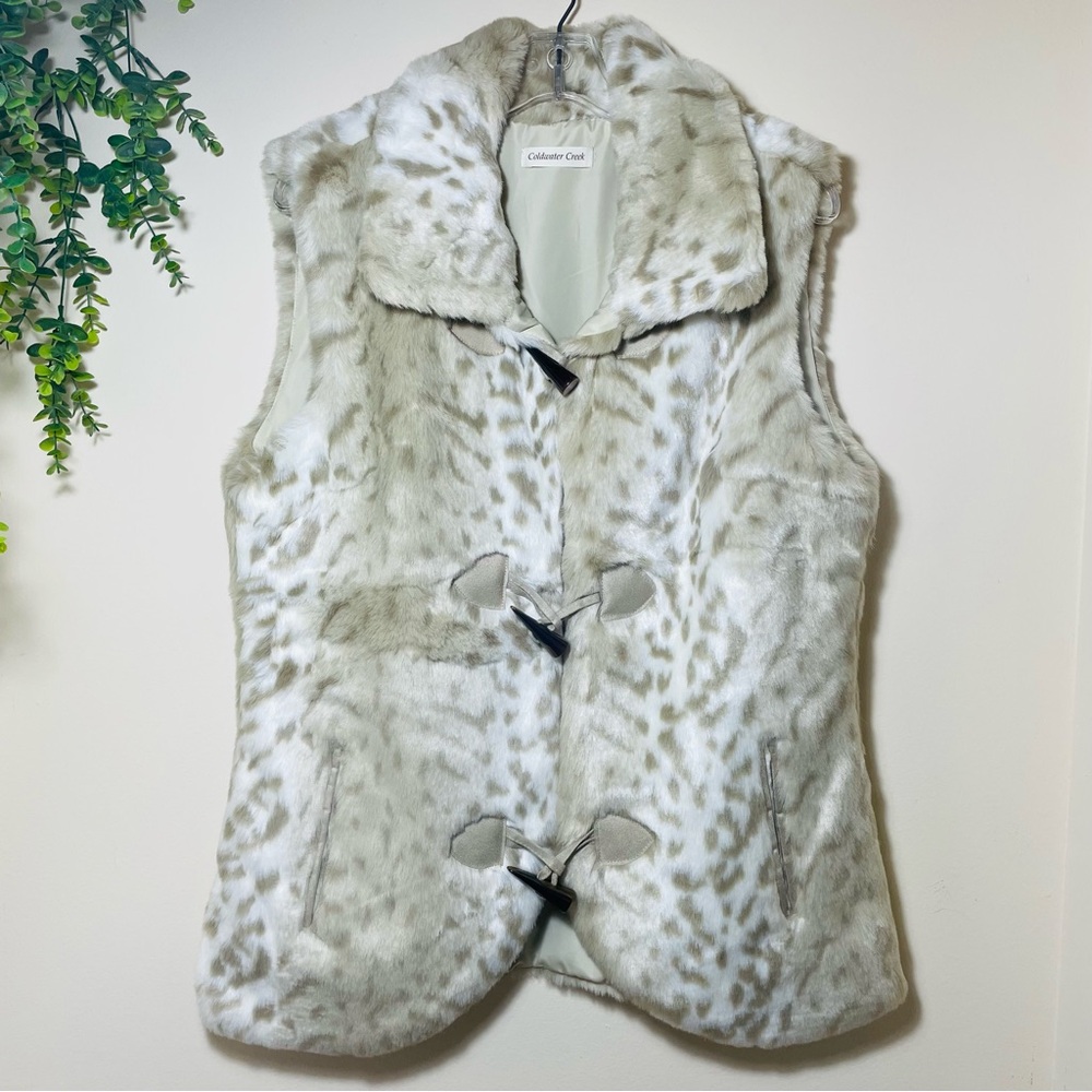 ❄️Coldwater Creek | Snow Leopard Lynx Print Ivory Faux Fur Vest Womens Size Med